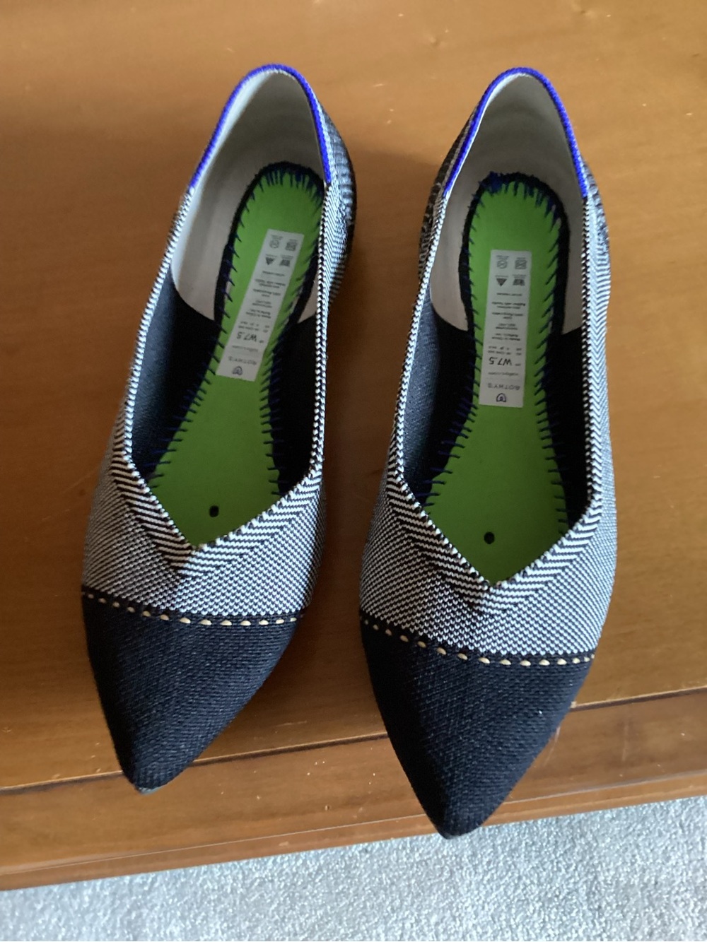 Rothy's Pointed-Toe Woven Flats in Black, White & Green Insole